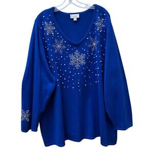 Quacker Factory 3X Snowflake Sweater Pearls V-Neck Blue Holiday Festive